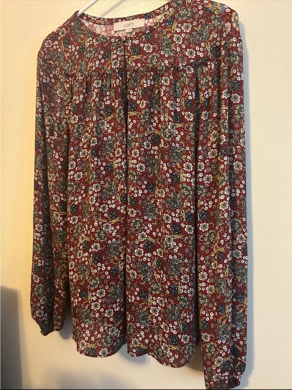 LOFT Burgundy Floral Long-Sleeve Blouse